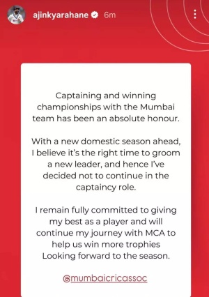 Ajinkya Rahane Resigns as Mumbai Captain, Citing Need to Cultivate New Leadership