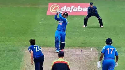 Vaibhav Suryavanshi hits a six during his innings
