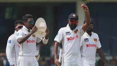 Prabath Jayasuriya celebrates another five-wicket haul.