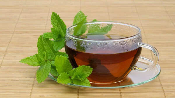 Refreshing peppermint tea in a clear glass